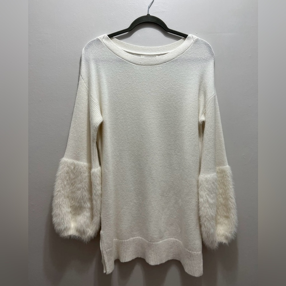 Anthropologie Cream Sweater with Faux Fur Sleeves